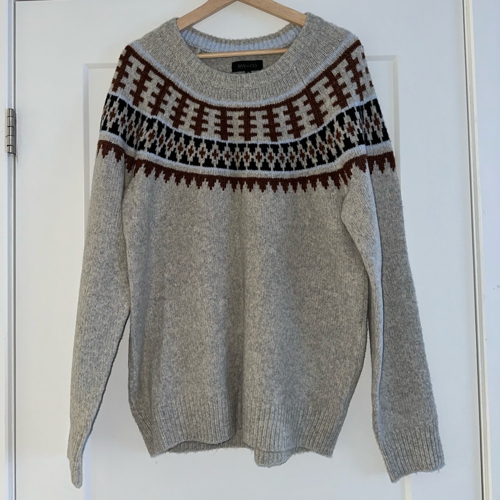 RW&CO Men’s Fair Isle Knit Sweater Size L Gray Crewneck Winter Pullover
